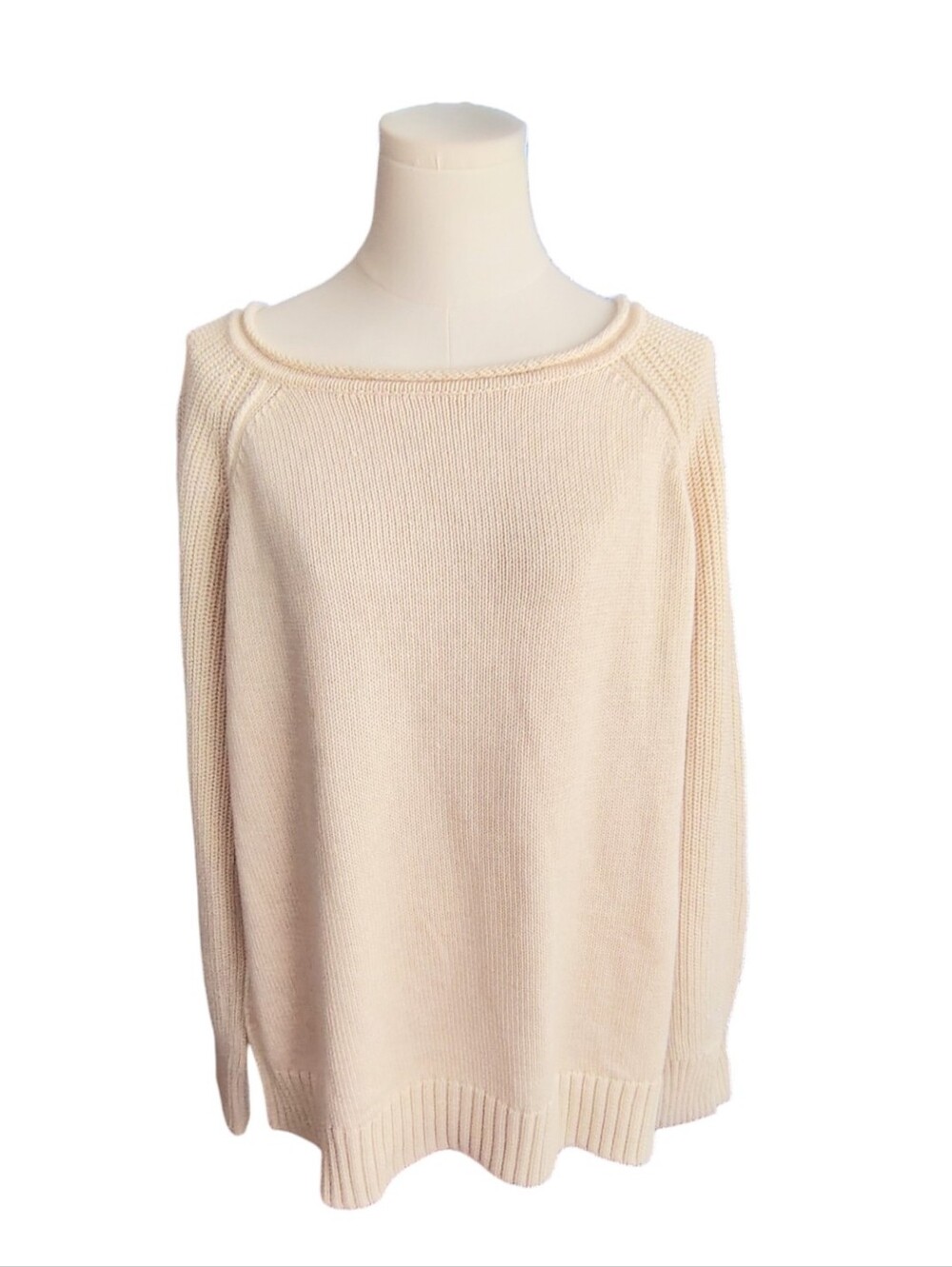 aerie Oatmeal 100% Cotton Cream Ribbed Knit Slouchy Tunic Sweater Size Medium